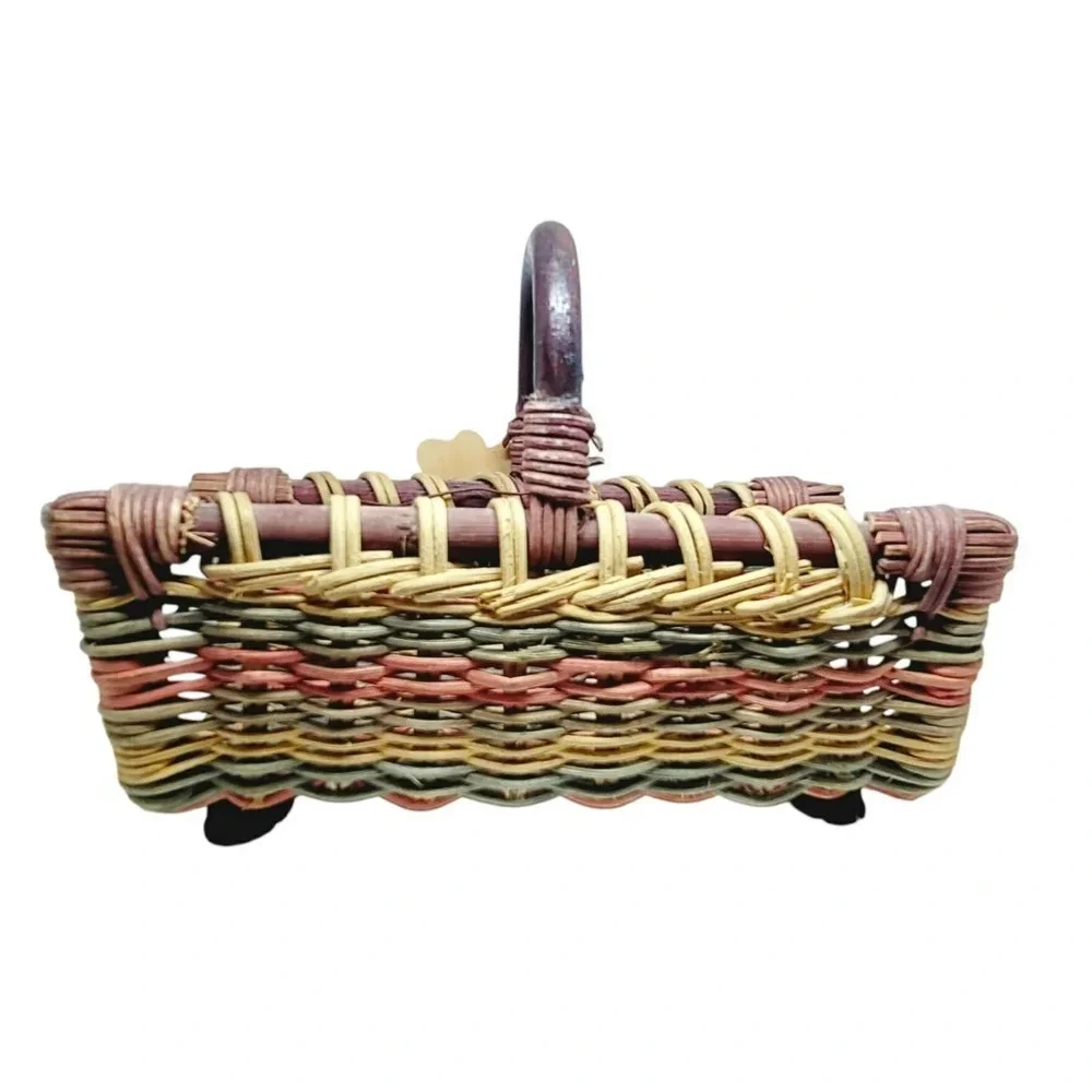 Colored Woven Basket with Wooden Leaves and Acorns Accents